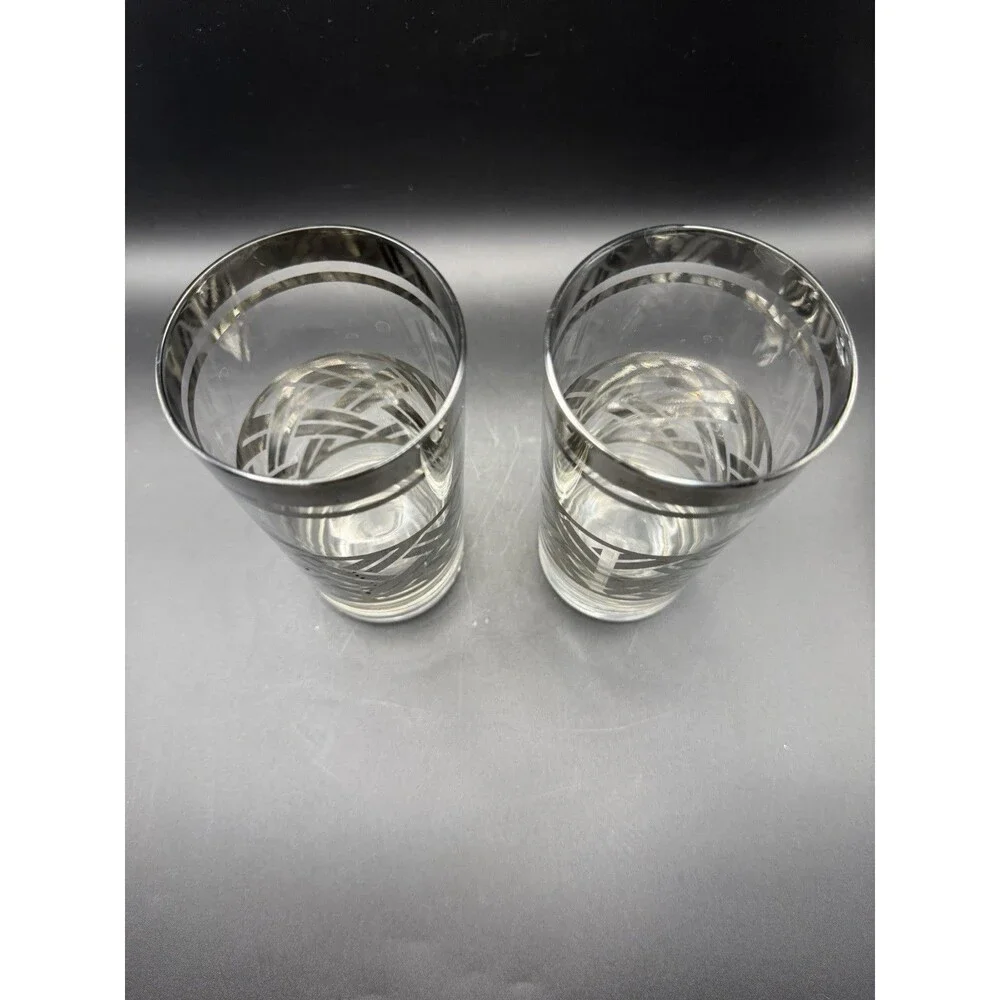 Vintage Geometric Highball Glasses Set of 2 Black Silver Whiskey Cocktail